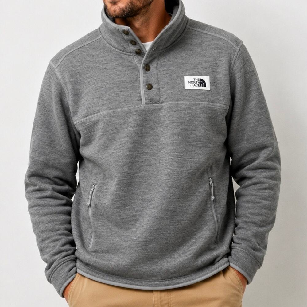 THE NORTH FACE | Men’s Gray Heathered Fleece Snap Pullover Jacket Sherpa | Large
